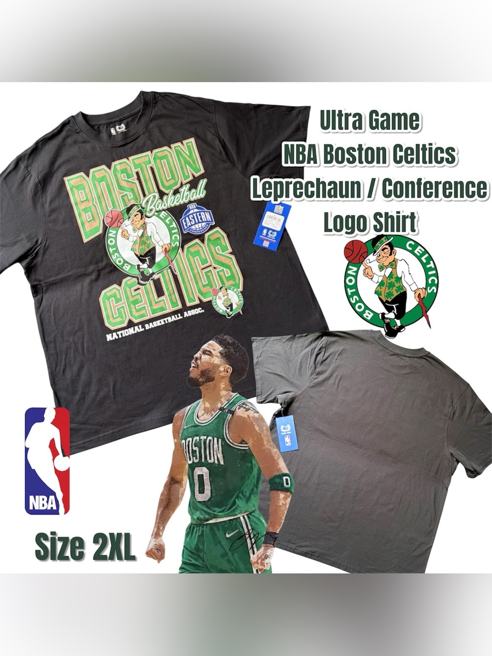 Ultra Game NBA Boston Celtics Leprechaun / Conference Logo Shirt - 2X (Black)